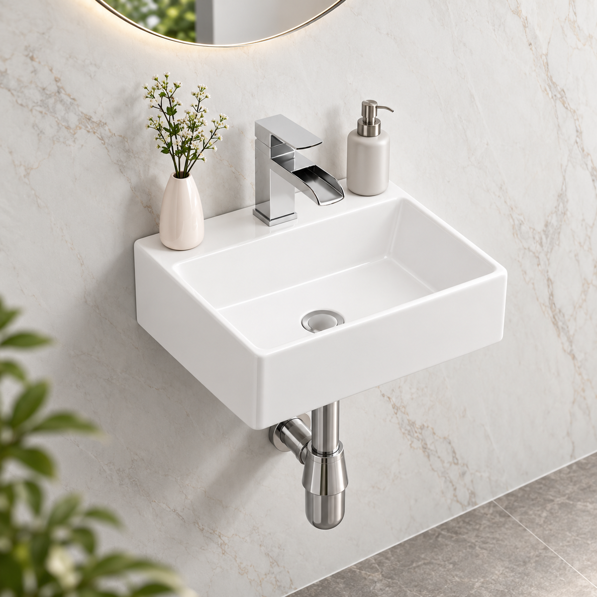 13.6x11.6 Inch White Rectangular Ceramic Wall Mount Bathroom Sink with Single Faucet Hole