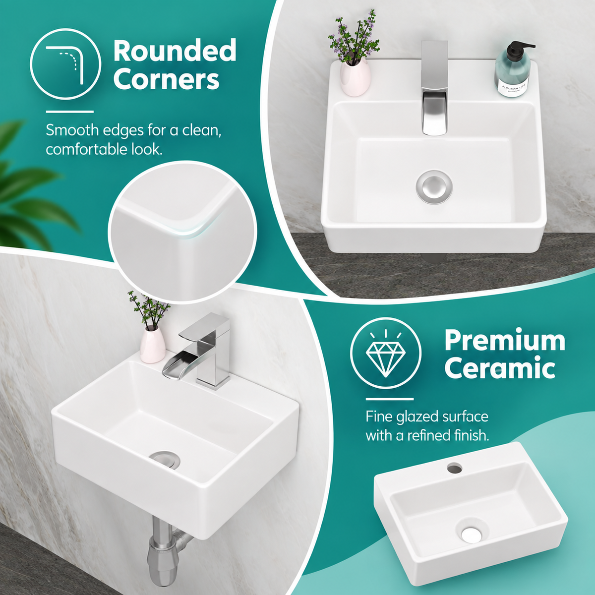 13.6x11.6 Inch White Rectangular Ceramic Wall Mount Bathroom Sink with Single Faucet Hole