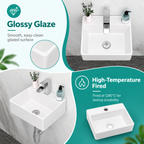 13.6x11.6 Inch White Rectangular Ceramic Wall Mount Bathroom Sink with Single Faucet Hole