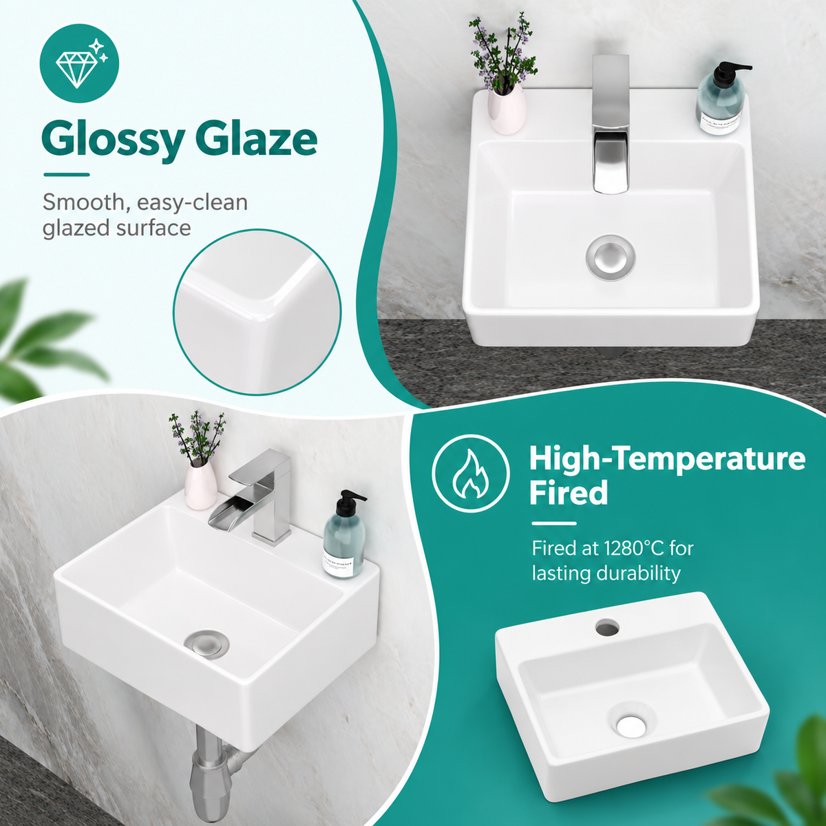 13.6x11.6 Inch White Rectangular Ceramic Wall Mount Bathroom Sink with Single Faucet Hole