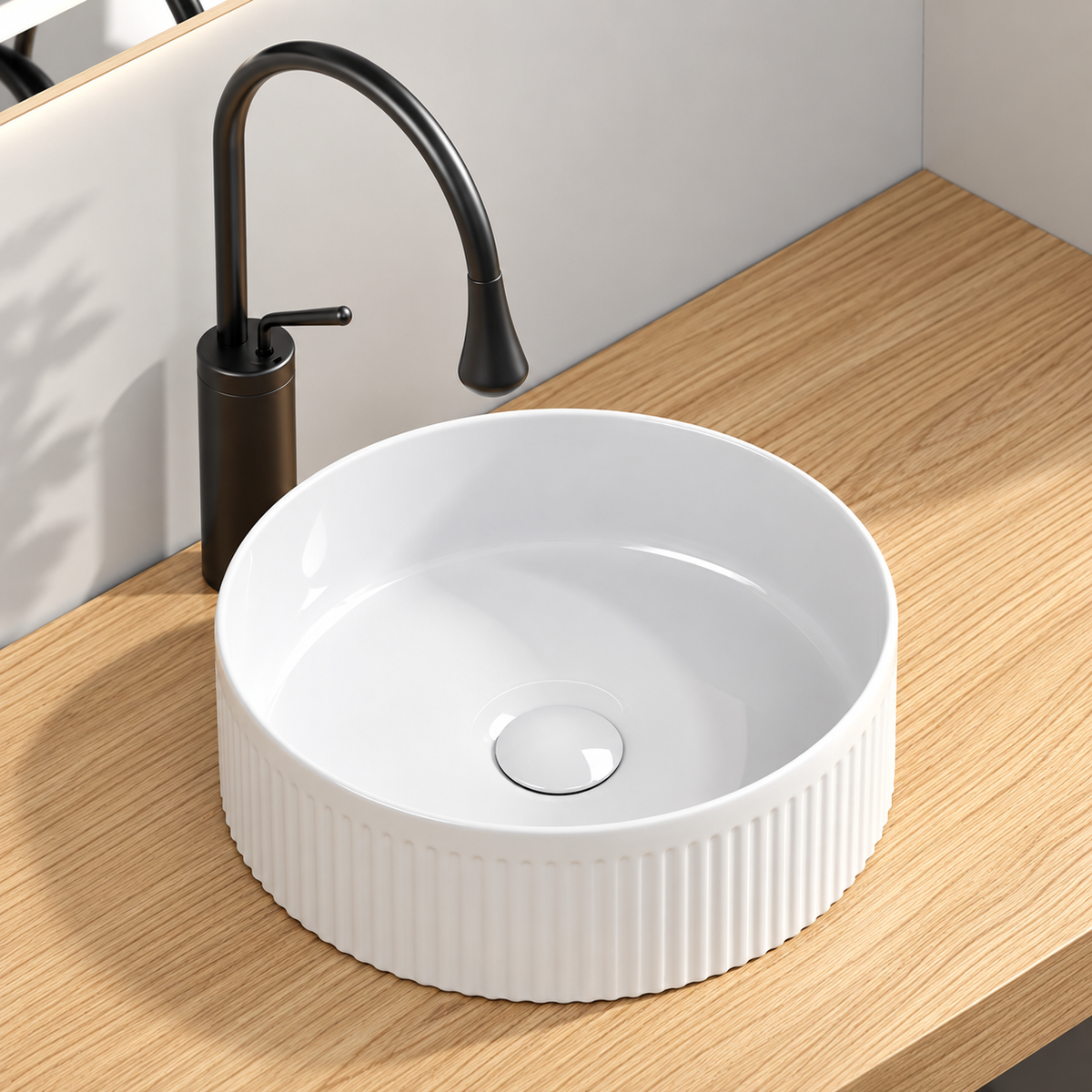 14 Inch Round White Porcelain Ceramic Vessel Sink, Above Counter Modern Bathroom Vanity Art Basin
