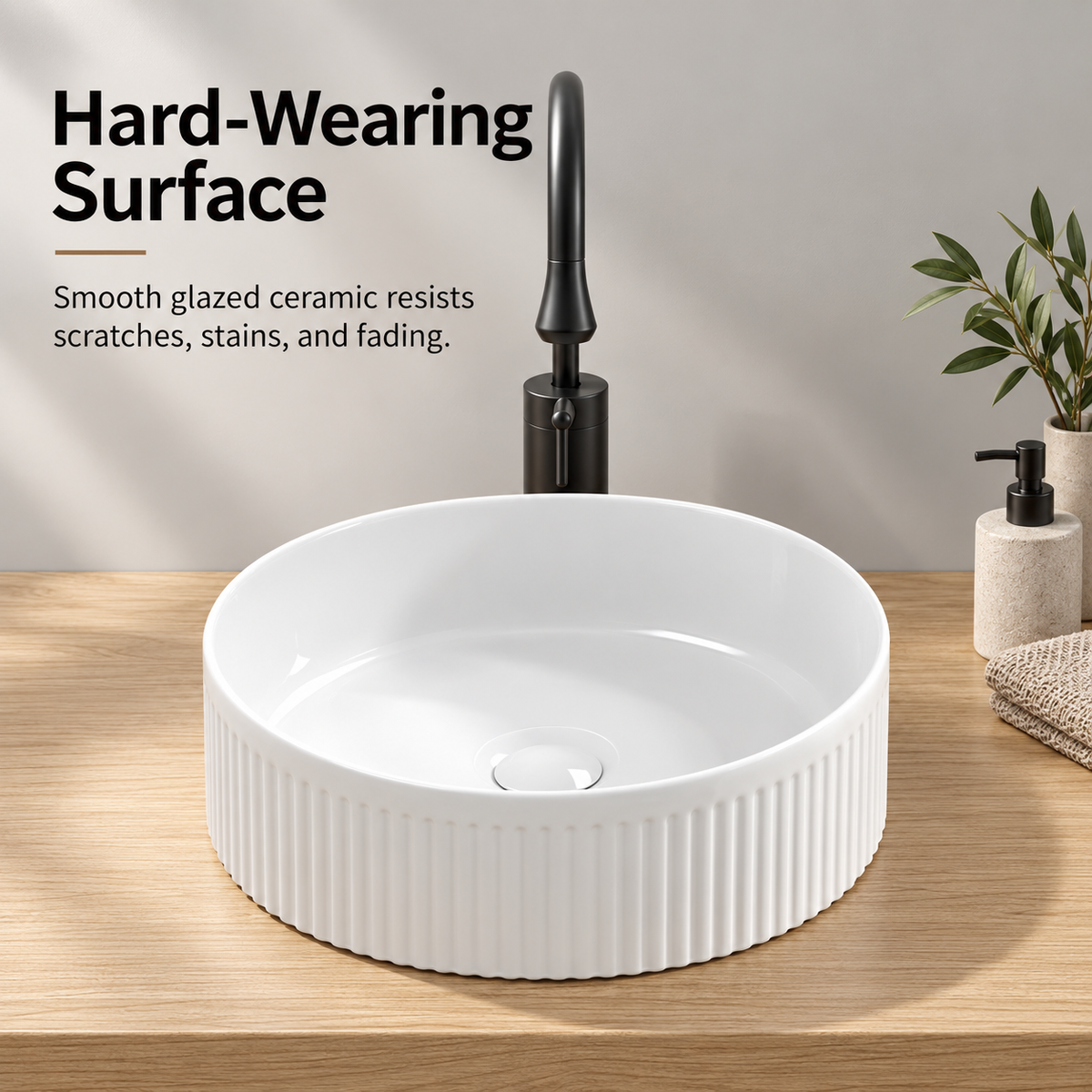 14 Inch Round White Porcelain Ceramic Vessel Sink, Above Counter Modern Bathroom Vanity Art Basin