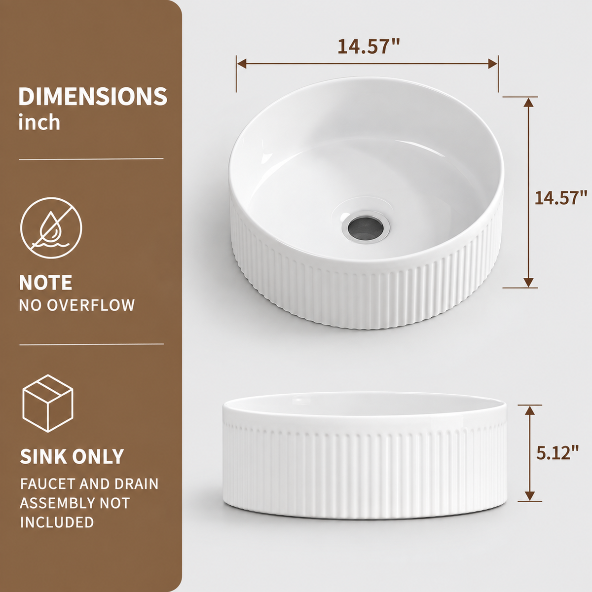 14 Inch Round White Porcelain Ceramic Vessel Sink, Above Counter Modern Bathroom Vanity Art Basin