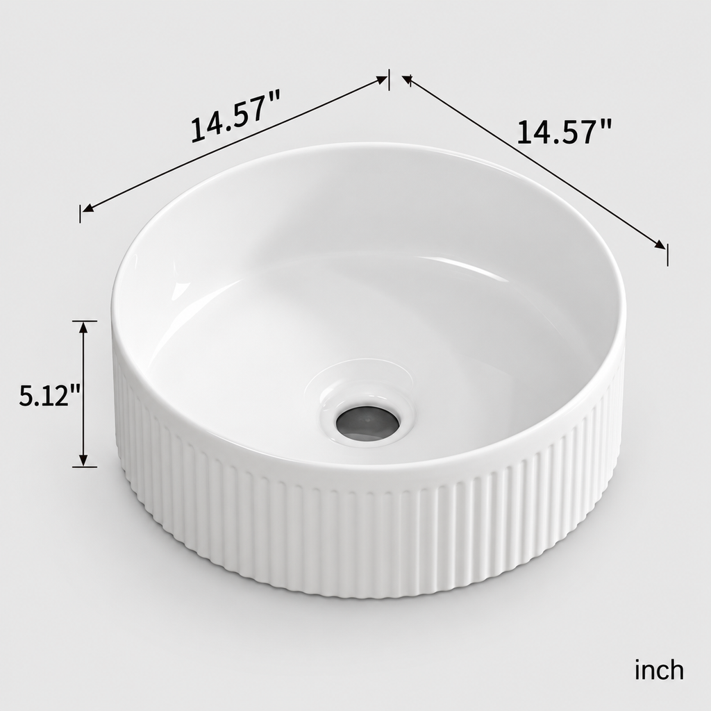 14 Inch Round White Porcelain Ceramic Vessel Sink, Above Counter Modern Bathroom Vanity Art Basin