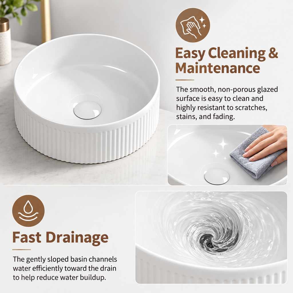14 Inch Round White Porcelain Ceramic Vessel Sink, Above Counter Modern Bathroom Vanity Art Basin