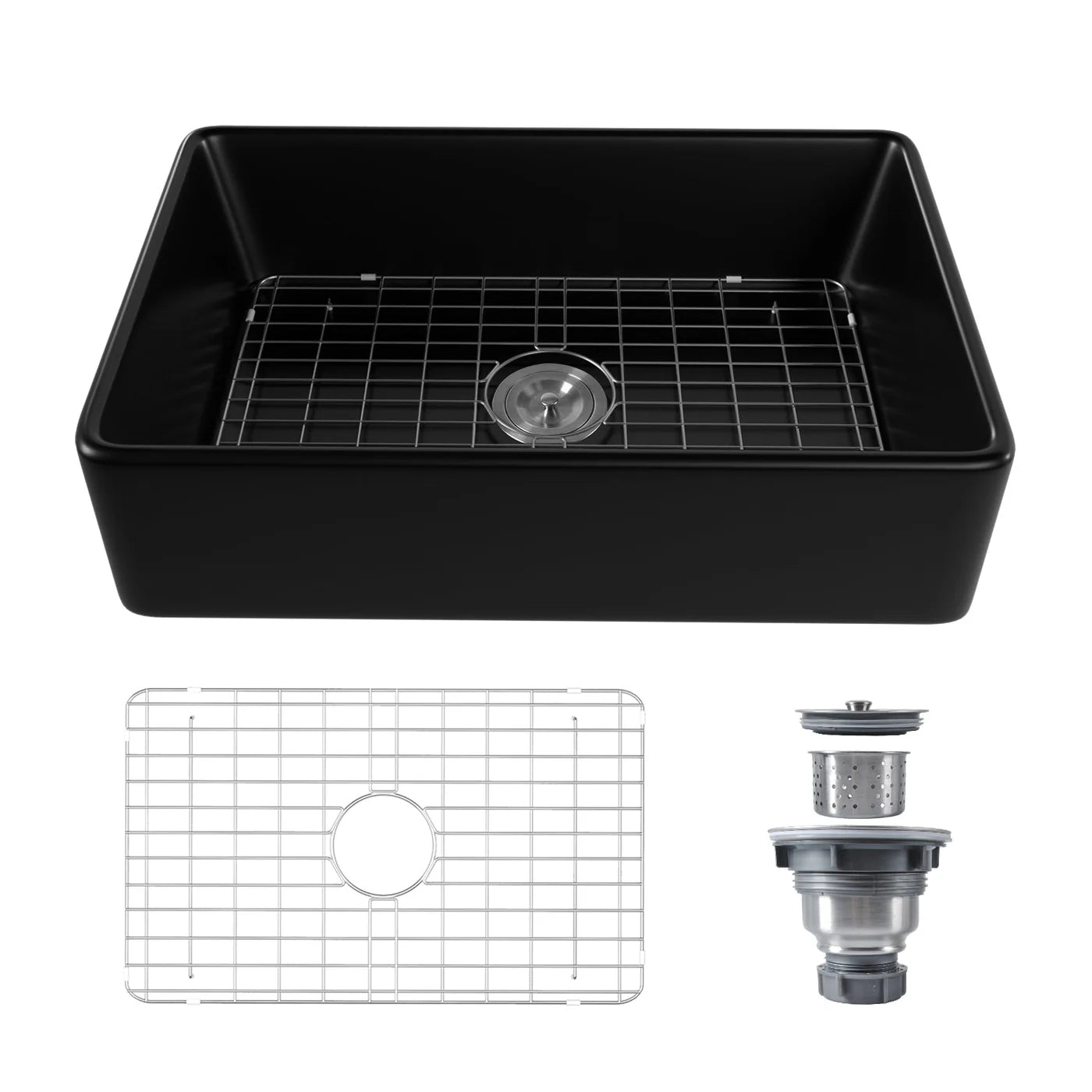 Farmhouse Apron Front Kitchen Sink – Large Single Bowl Fireclay Sink with Bottom Grid & Strainer