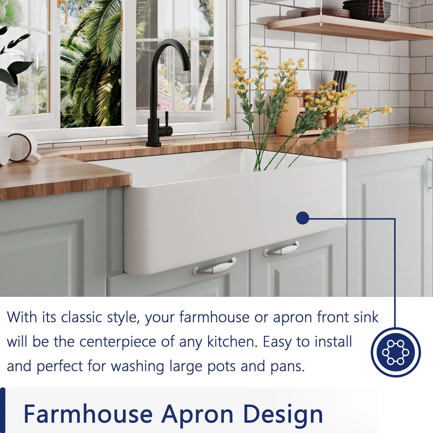 Farmhouse Apron Front Kitchen Sink – Large Single Bowl Fireclay Sink with Bottom Grid & Strainer