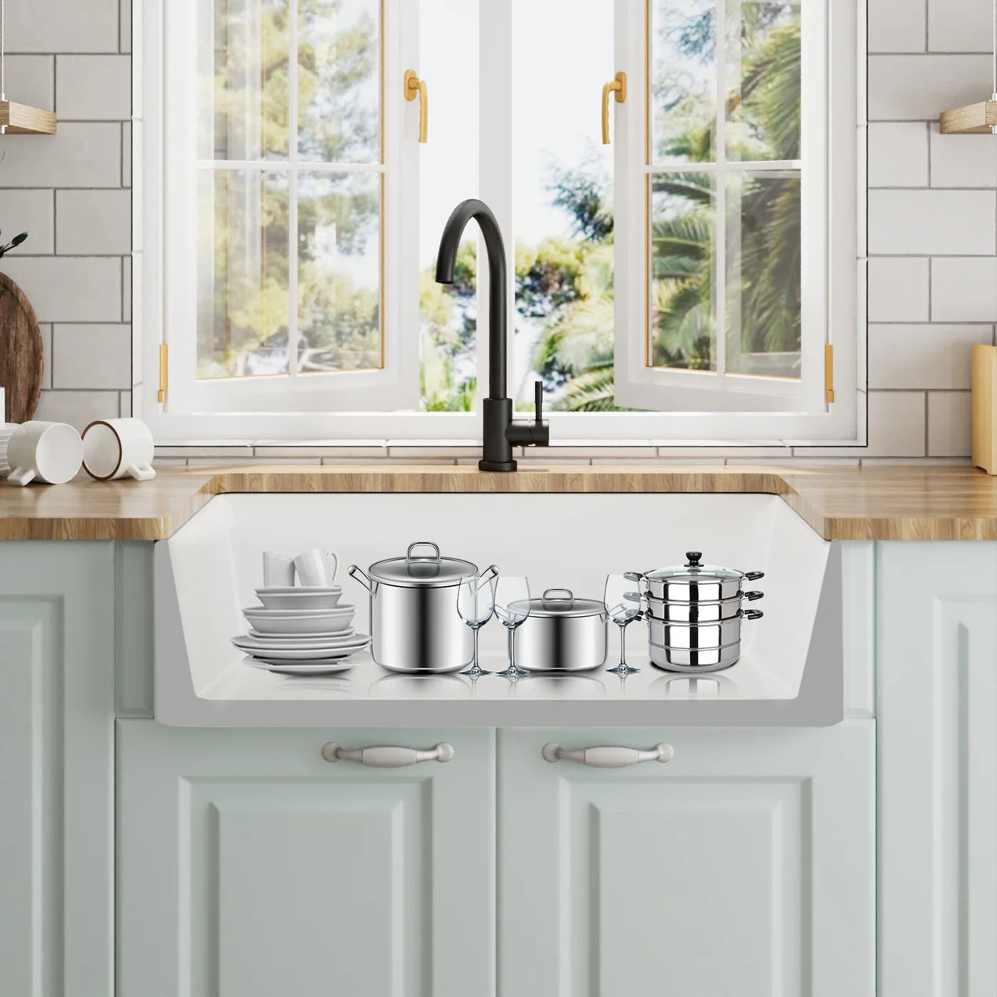 Farmhouse Apron Front Kitchen Sink – Large Single Bowl Fireclay Sink with Bottom Grid & Strainer