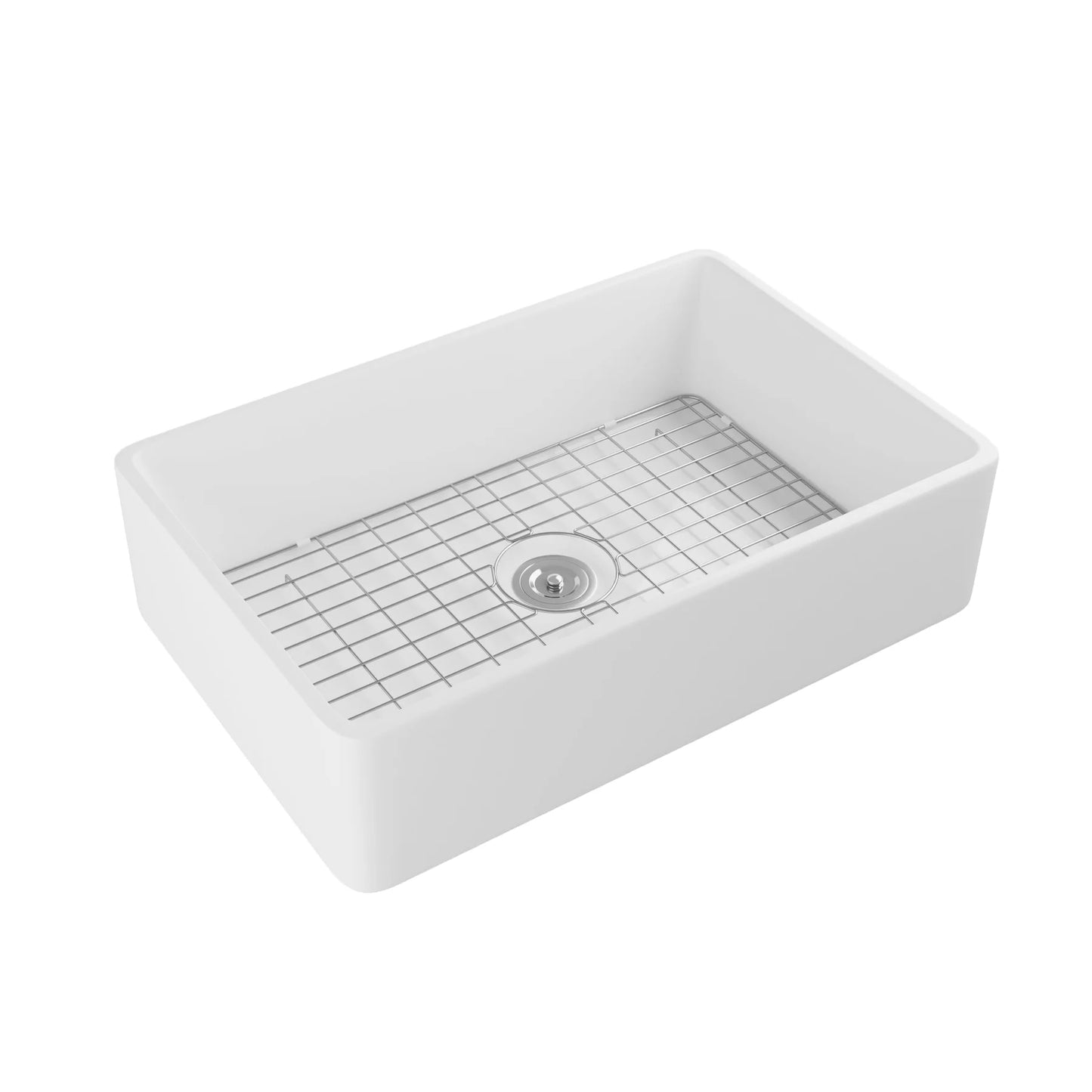 Farmhouse Apron Front Kitchen Sink – Large Single Bowl Fireclay Sink with Bottom Grid & Strainer