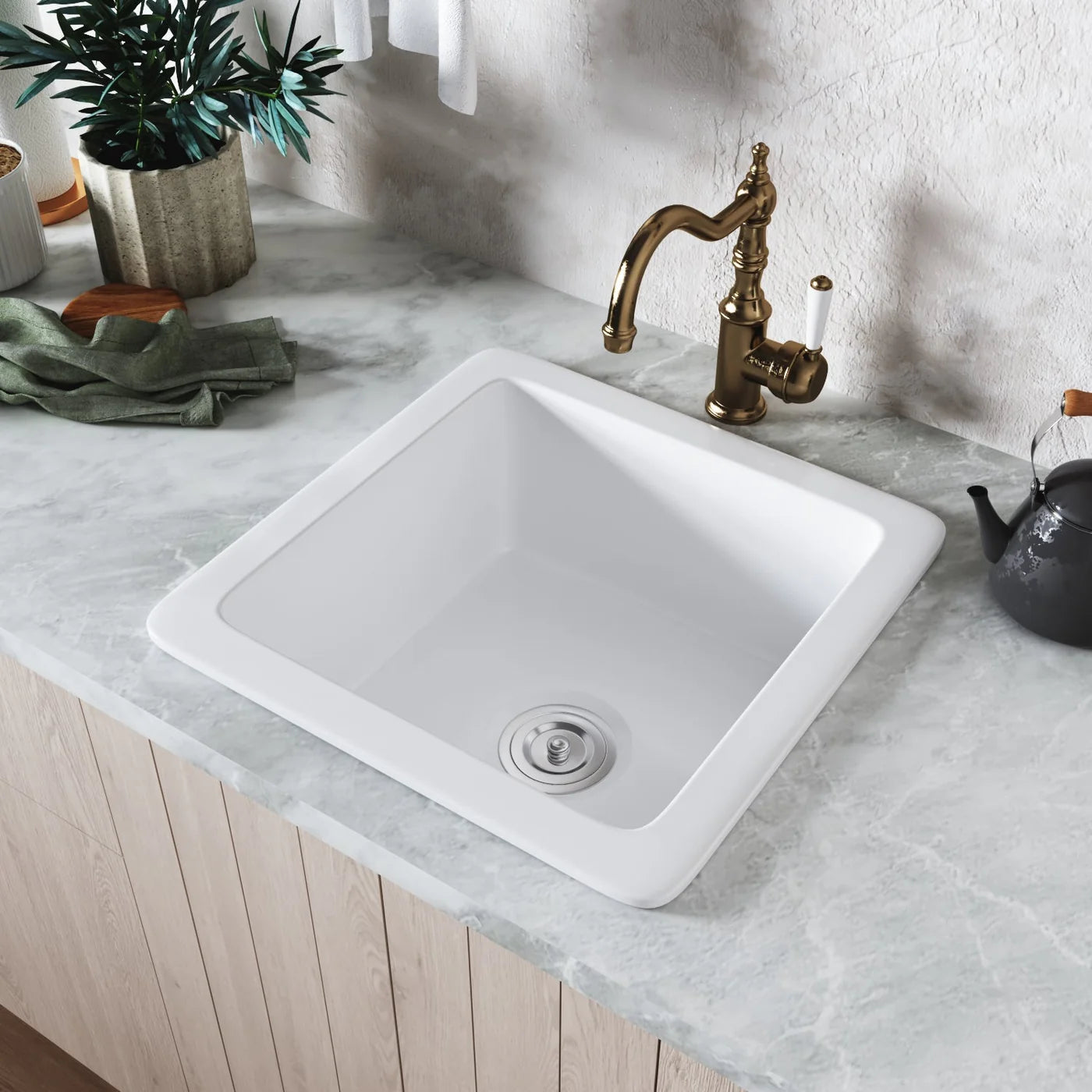 Deep Square Undermount Bathroom Sink – White Ceramic Basin with Modern Clean Lines