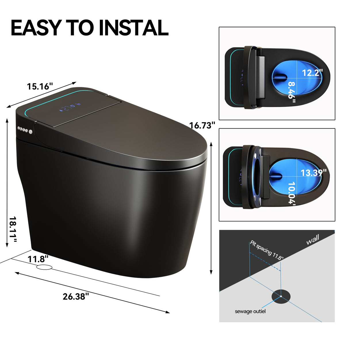 Unique Smart Toile, One Piece Toilet with Bidet Built In,Intelligent Toilet Auto Open/Close Seat. Bidet toilet with Dryer and Warm Water.BLACK