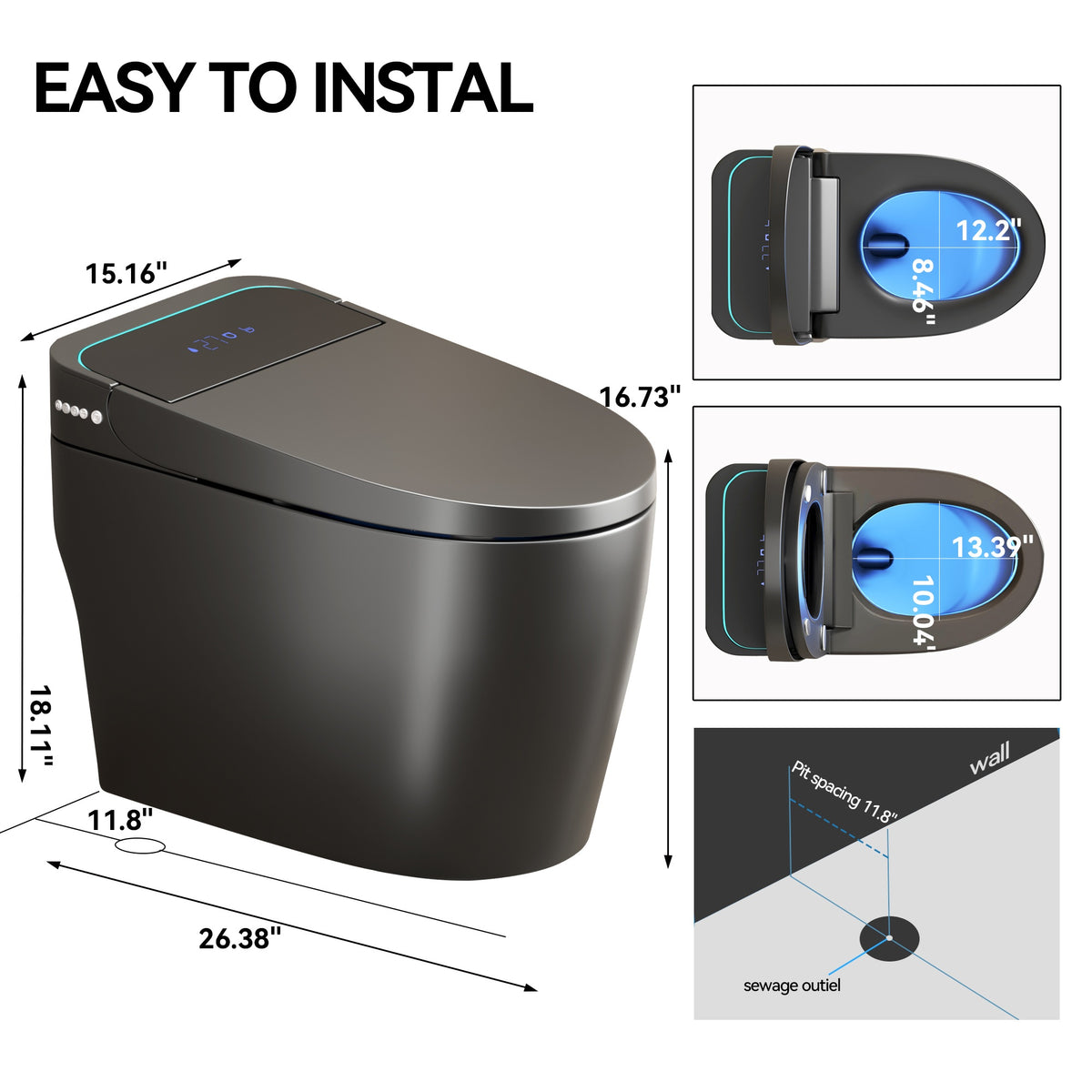 Unique Smart Toile, One Piece Toilet with Bidet Built In,Intelligent Toilet Auto Open/Close Seat. Bidet toilet with Dryer and Warm Water.Gray