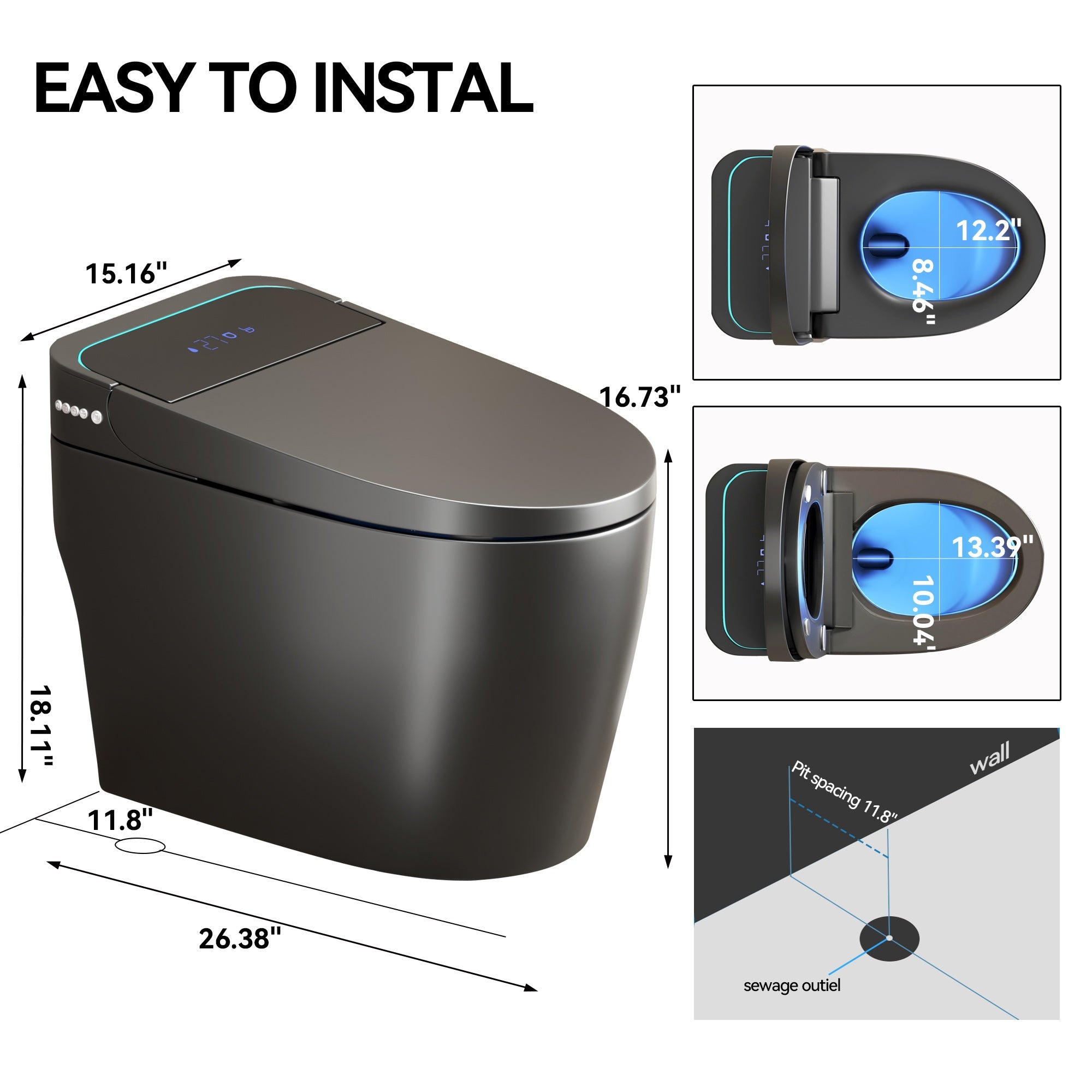 Unique Smart Toile, One Piece Toilet with Bidet Built In,Intelligent Toilet Auto Open/Close Seat. Bidet toilet with Dryer and Warm Water.Gray