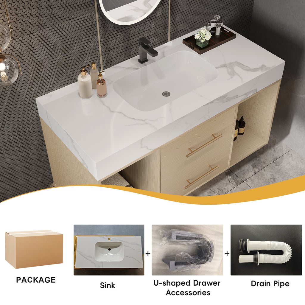 39.4" Floating Bathroom Vanity with Ceramic Sink, Wall Mounted Vanity with 2 Drawers