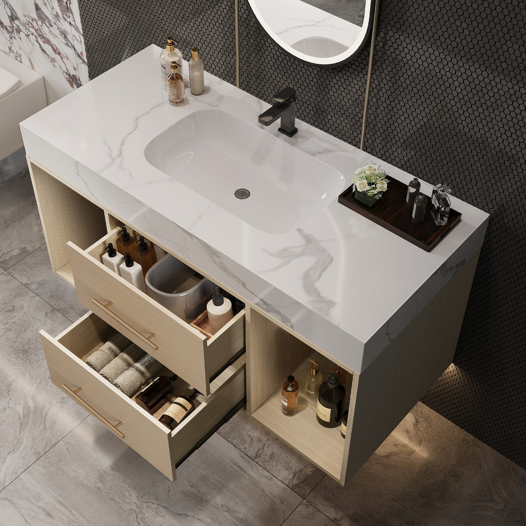 39.4" Floating Bathroom Vanity with Ceramic Sink, Wall Mounted Vanity with 2 Drawers
