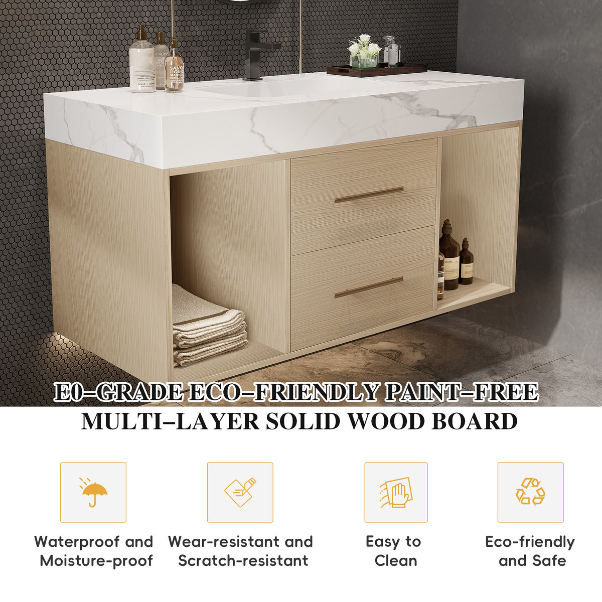 39.4" Floating Bathroom Vanity with Ceramic Sink, Wall Mounted Vanity with 2 Drawers