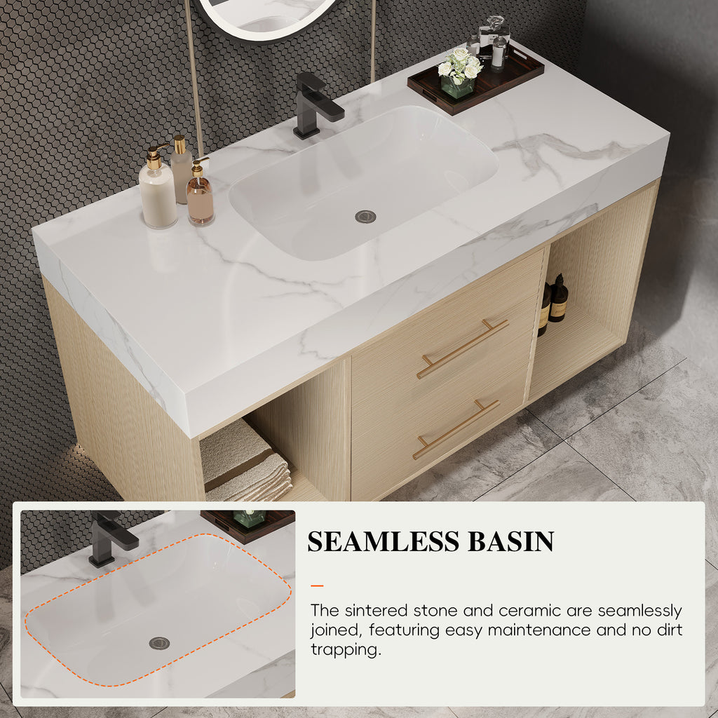 39.4" Floating Bathroom Vanity with Ceramic Sink, Wall Mounted Vanity with 2 Drawers