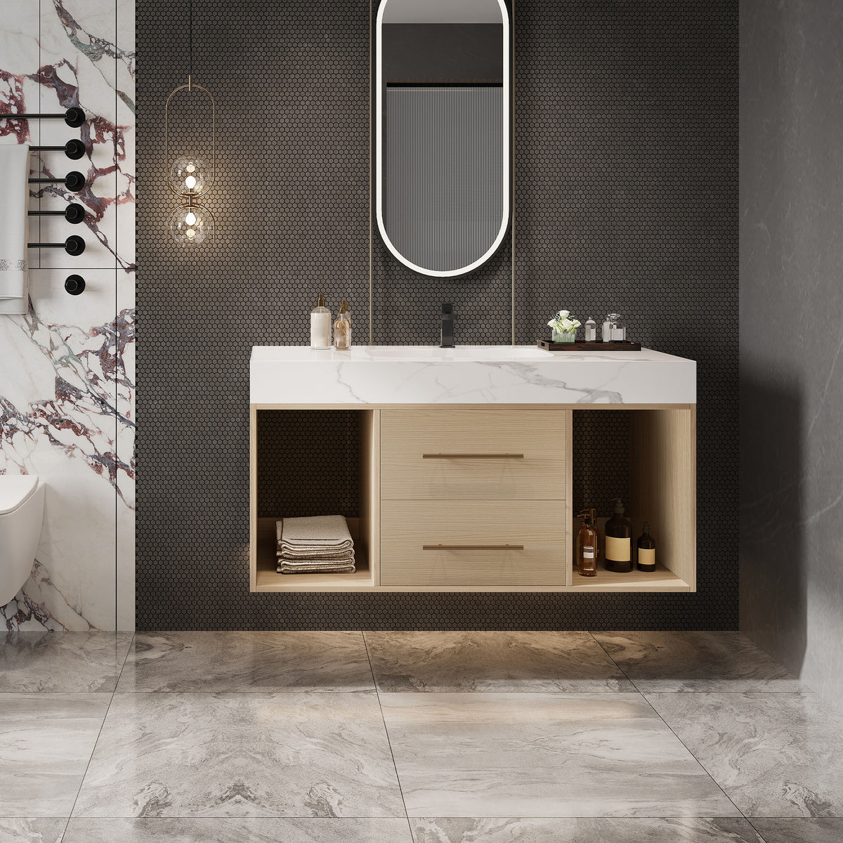39.4" Floating Bathroom Vanity with Ceramic Sink, Wall Mounted Vanity with 2 Drawers