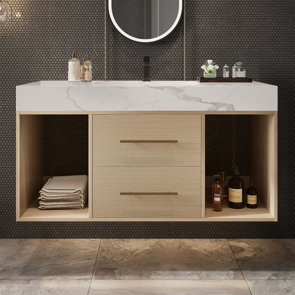 39.4" Floating Bathroom Vanity with Ceramic Sink, Wall Mounted Vanity with 2 Drawers