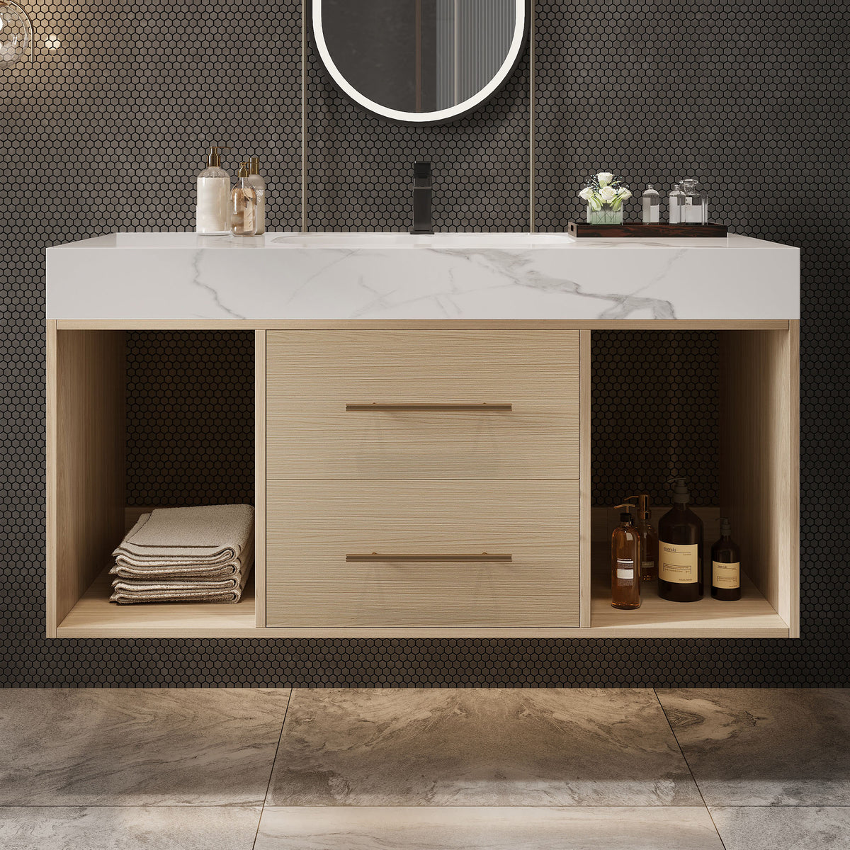 39.4" Floating Bathroom Vanity with Ceramic Sink, Wall Mounted Vanity with 2 Drawers