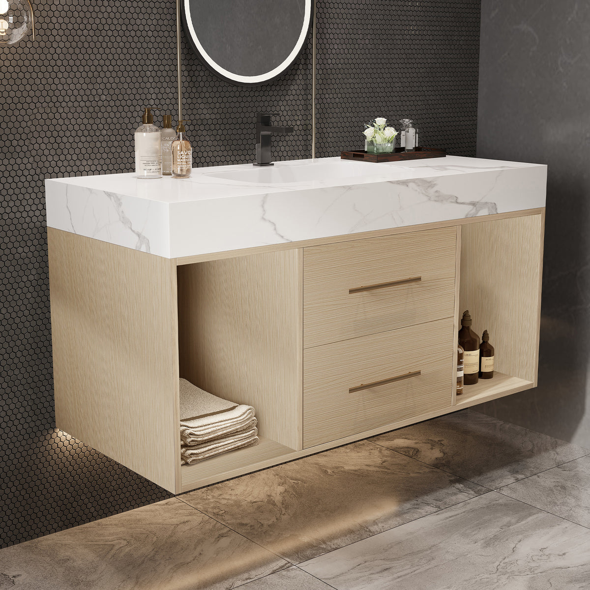 39.4" Floating Bathroom Vanity with Ceramic Sink, Wall Mounted Vanity with 2 Drawers