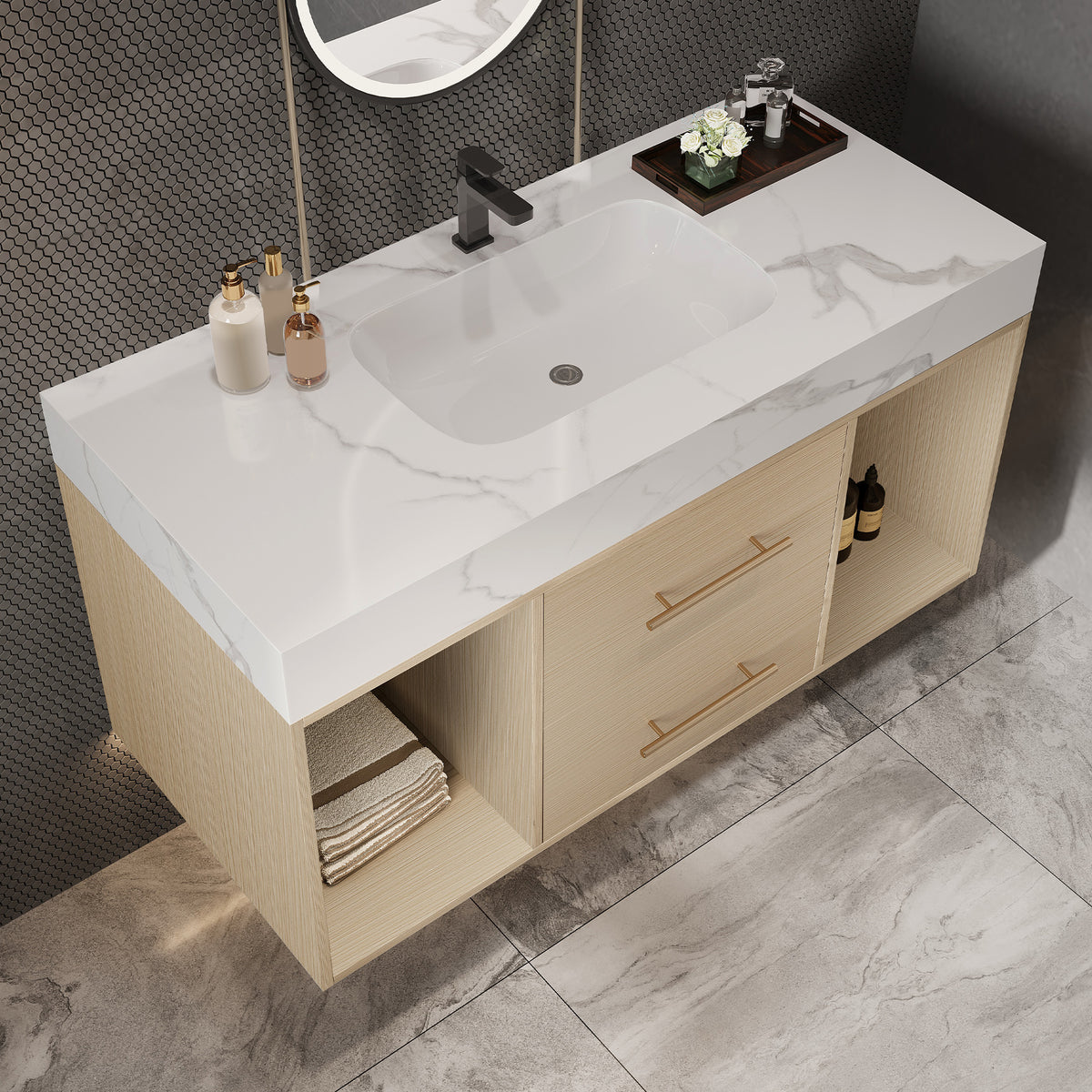 39.4" Floating Bathroom Vanity with Ceramic Sink, Wall Mounted Vanity with 2 Drawers