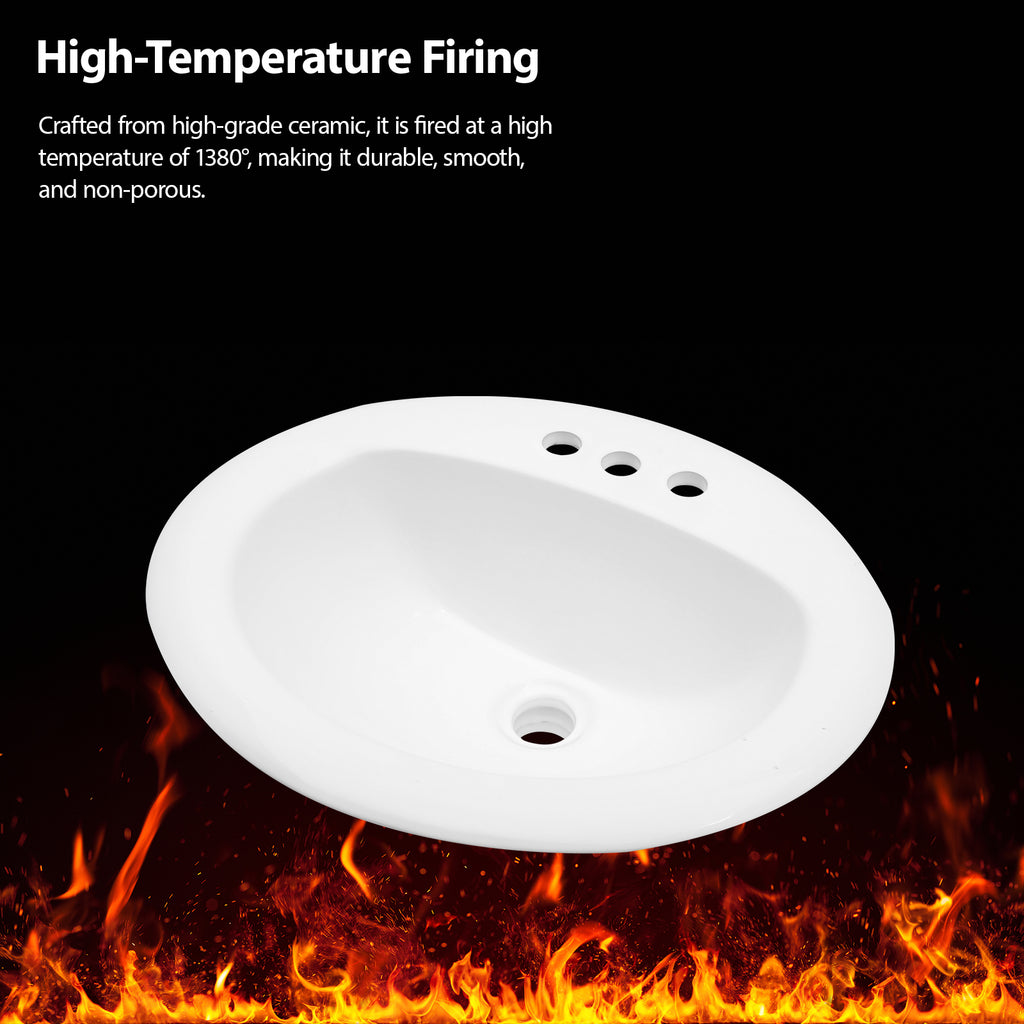 20.3 Inch Drop-in Bathroom Vanity Sink 20.3x18", White Vitreous Porcelain Lavatory Basin, 3 Faucet Holes Countertop Sink