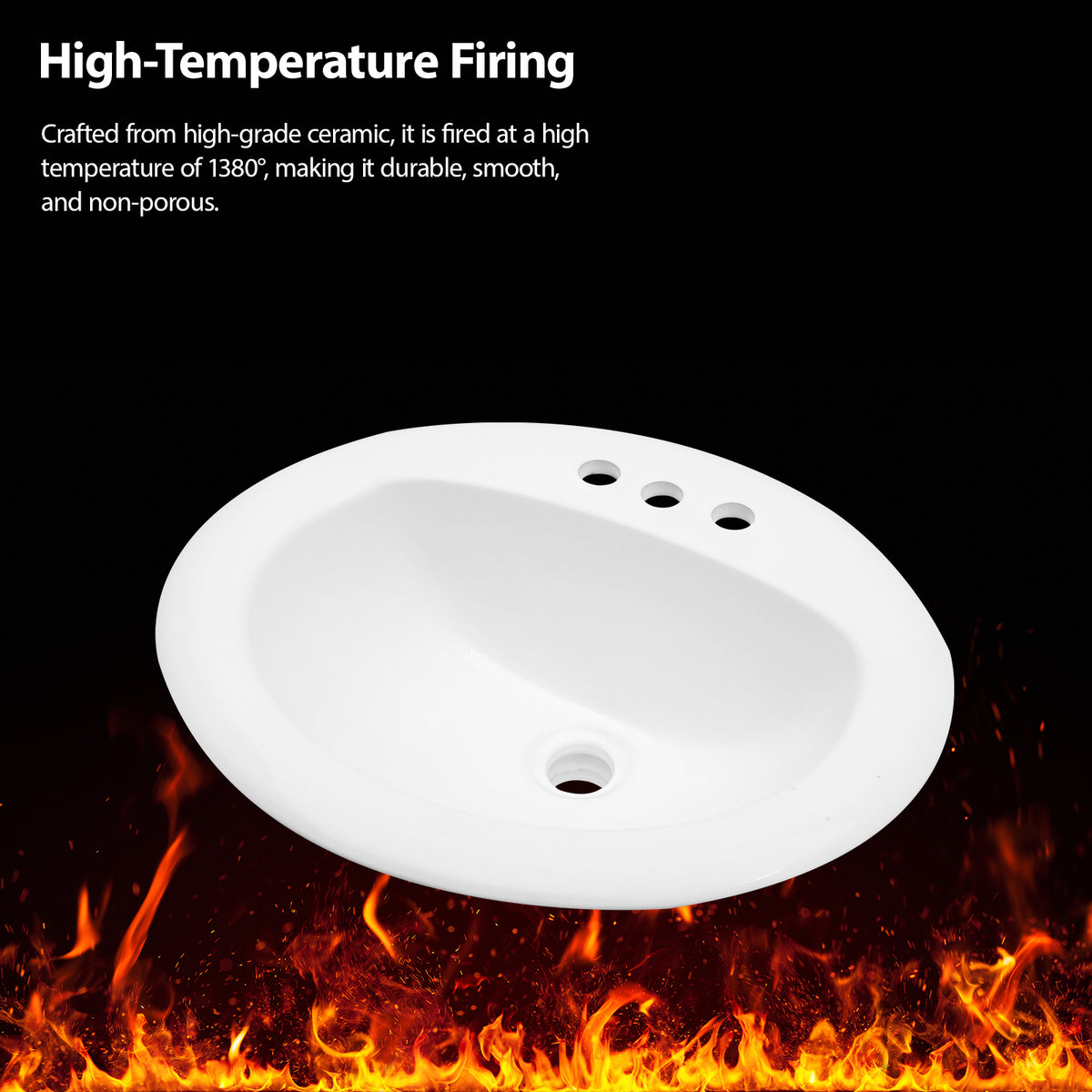 20.3 Inch Drop-in Bathroom Vanity Sink 20.3x18", White Vitreous Porcelain Lavatory Basin, 3 Faucet Holes Countertop Sink