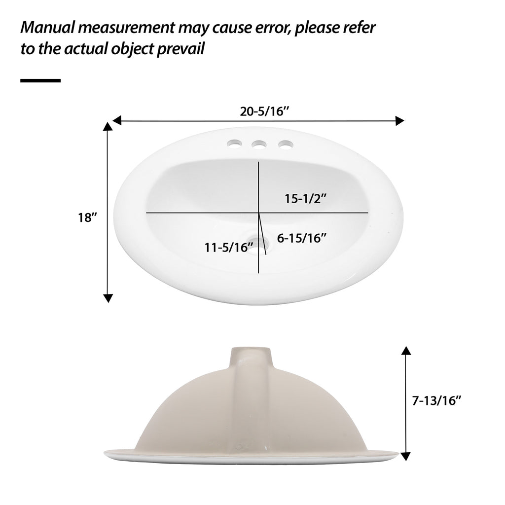 20.3 Inch Drop-in Bathroom Vanity Sink 20.3x18", White Vitreous Porcelain Lavatory Basin, 3 Faucet Holes Countertop Sink