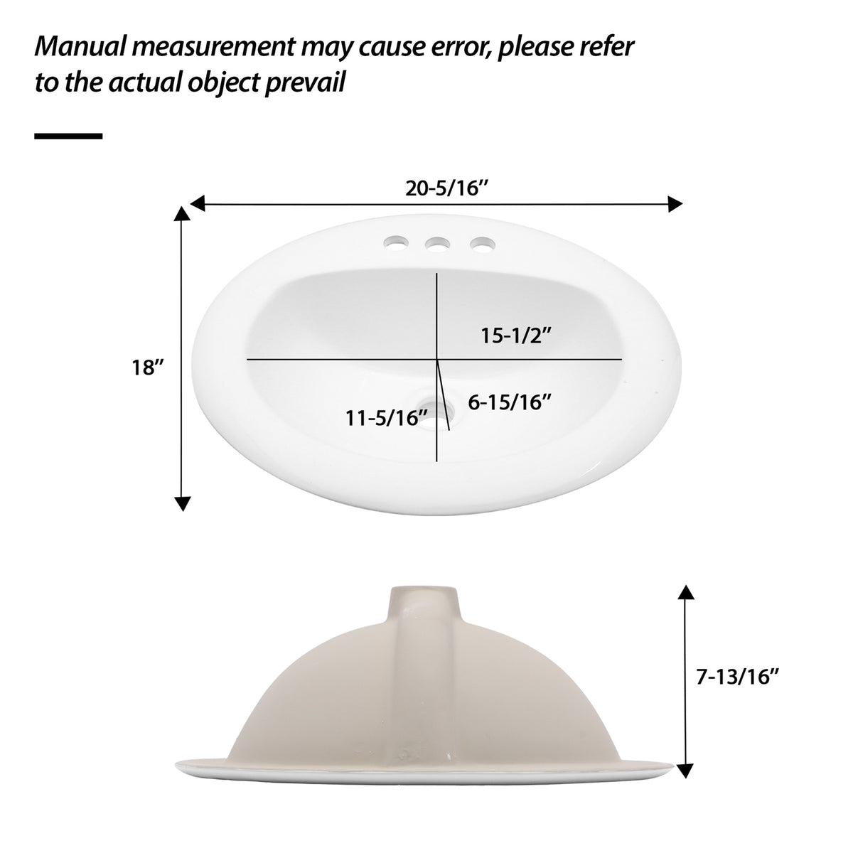 20.3 Inch Drop-in Bathroom Vanity Sink 20.3x18", White Vitreous Porcelain Lavatory Basin, 3 Faucet Holes Countertop Sink