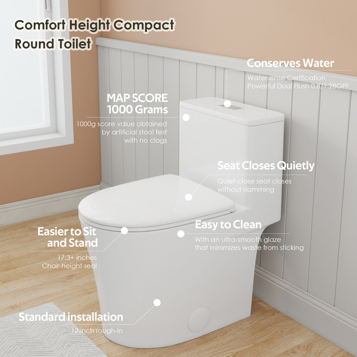 0.8/1.28 GPF Siphonic Dual‑Flush One‑Piece Toilet, 17" ADA Comfort Height, Top‑Button, 12" Rough‑In, Soft‑Closing Seat & Lid, 1000‑Gram MaP Score, Gloss White GW‑008 Gloss White SKU W3192P479218 product image 2