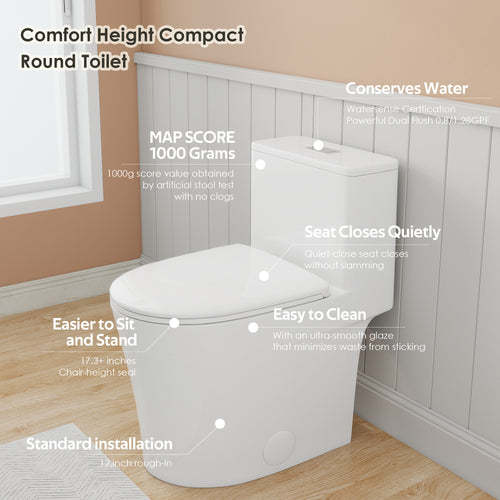 0.8/1.28 GPF Siphonic Dual‑Flush One‑Piece Toilet, 17" ADA Comfort Height, Top‑Button, 12" Rough‑In, Soft‑Closing Seat & Lid, 1000‑Gram MaP Score, Gloss White GW‑008 Gloss White SKU W3192P479218 product image 2