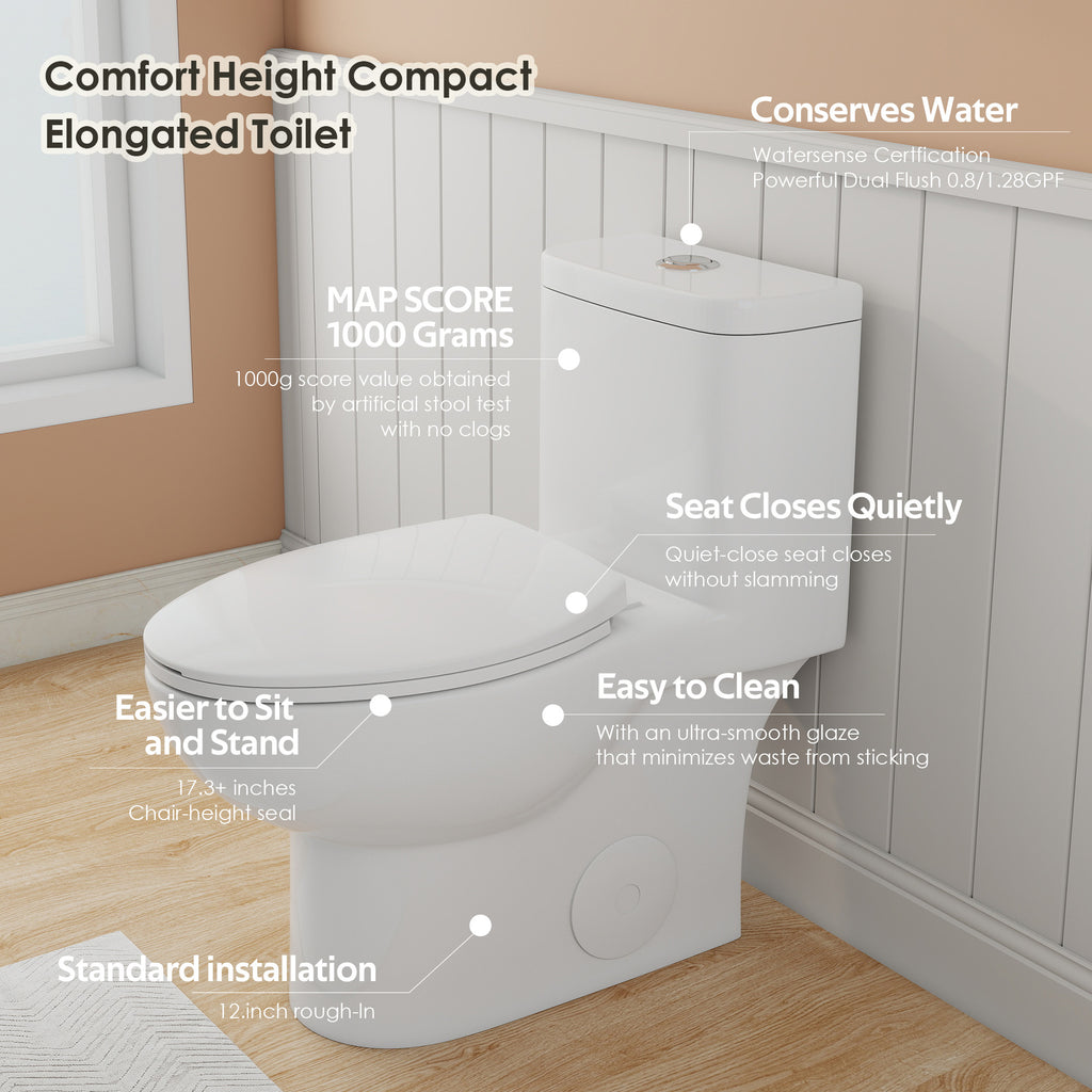 0.8/1.28 GPF Siphonic Dual‑Flush One‑Piece Toilet, 17" ADA Comfort Height, Elongated Rimmed Bowl, Top‑Button, 12" Rough‑In, Soft‑Closing Seat & Lid, 1000g MaP Score, Gloss White 2GW-006 Gloss White SKU W3192P412959 product image 2