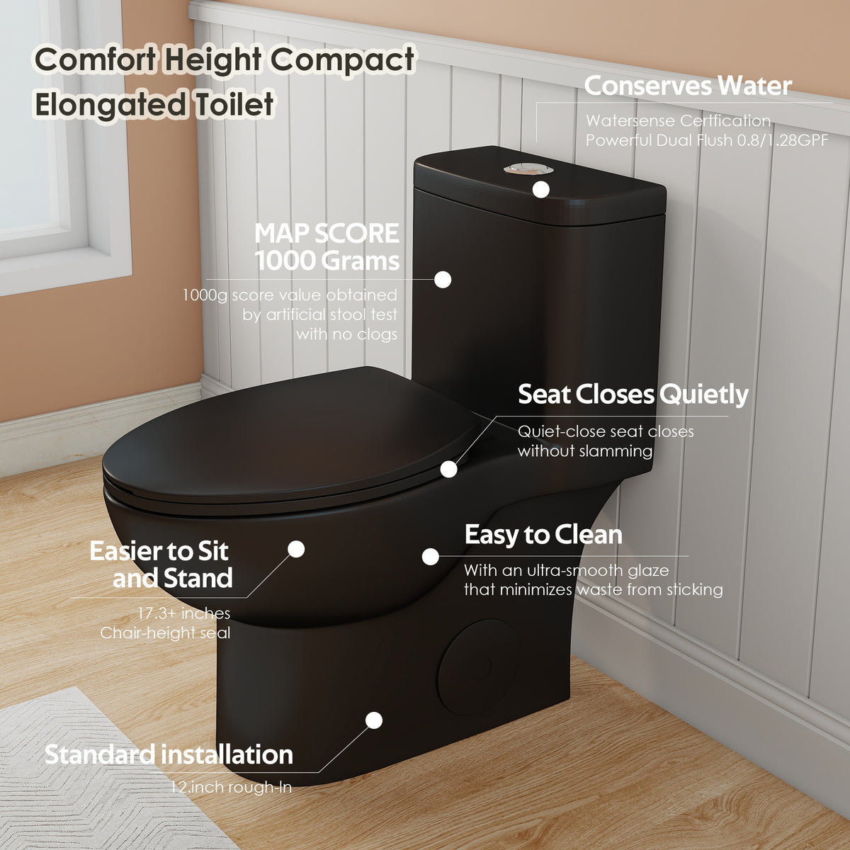 0.8/1.28 GPF Siphonic Dual‑Flush One‑Piece Toilet, 17" ADA Comfort Height, Elongated Rimmed Bowl, Top‑Button, 12" Rough‑In, Soft‑Closing Seat & Lid, 1000g MaP Score, Matt Black 2MB‑006 Matte Black SKU W3192P412956 product image 2