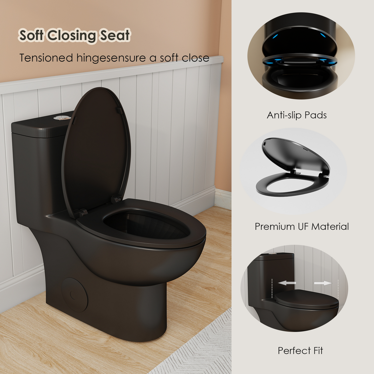 0.8/1.28 GPF Siphonic Dual‑Flush One‑Piece Toilet, 17" ADA Comfort Height, Elongated Rimmed Bowl, Top‑Button, 12" Rough‑In, Soft‑Closing Seat & Lid, 1000g MaP Score, Matt Black 2MB‑006 Matte Black SKU W3192P412956 product image 4