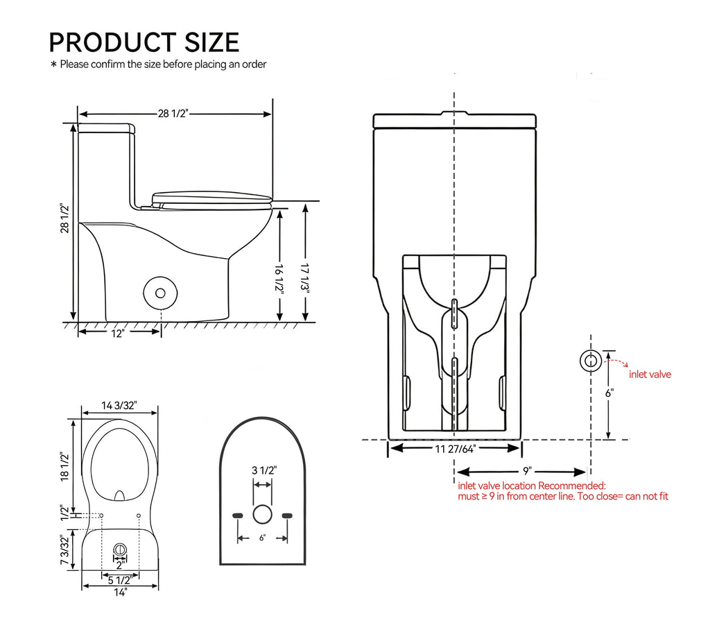 0.8/1.28 GPF Siphonic Dual‑Flush One‑Piece Toilet, 17" ADA Comfort Height, Elongated Rimmed Bowl, Top‑Button, 12" Rough‑In, Soft‑Closing Seat & Lid, 1000g MaP Score, Matt Black 2MB‑006 Matte Black SKU W3192P412956 product image 9