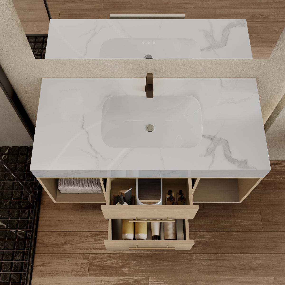 39.4 '' Floating Bathroom Vanity with Ceramic sink,Wall Mounted Vanity 2 Soft Close Drawer and white slate top White,Wood SKU W3136S00030 product image 5