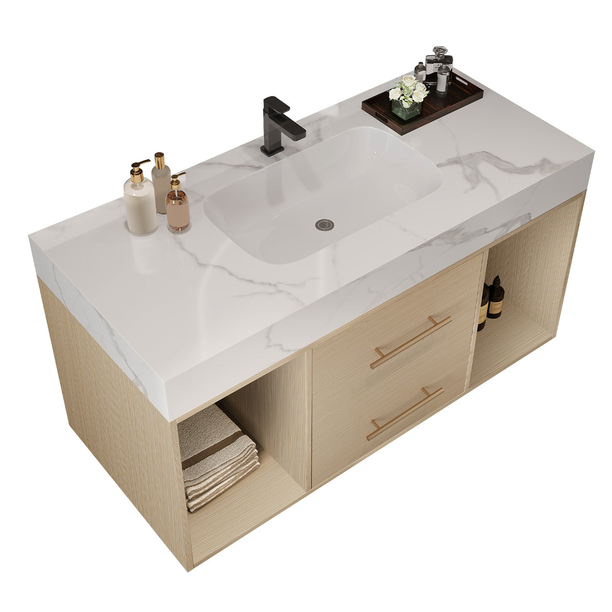 39.4 '' Floating Bathroom Vanity with Ceramic sink,Wall Mounted Vanity 2 Soft Close Drawer and white slate top White,Wood SKU W3136S00030 product image 9