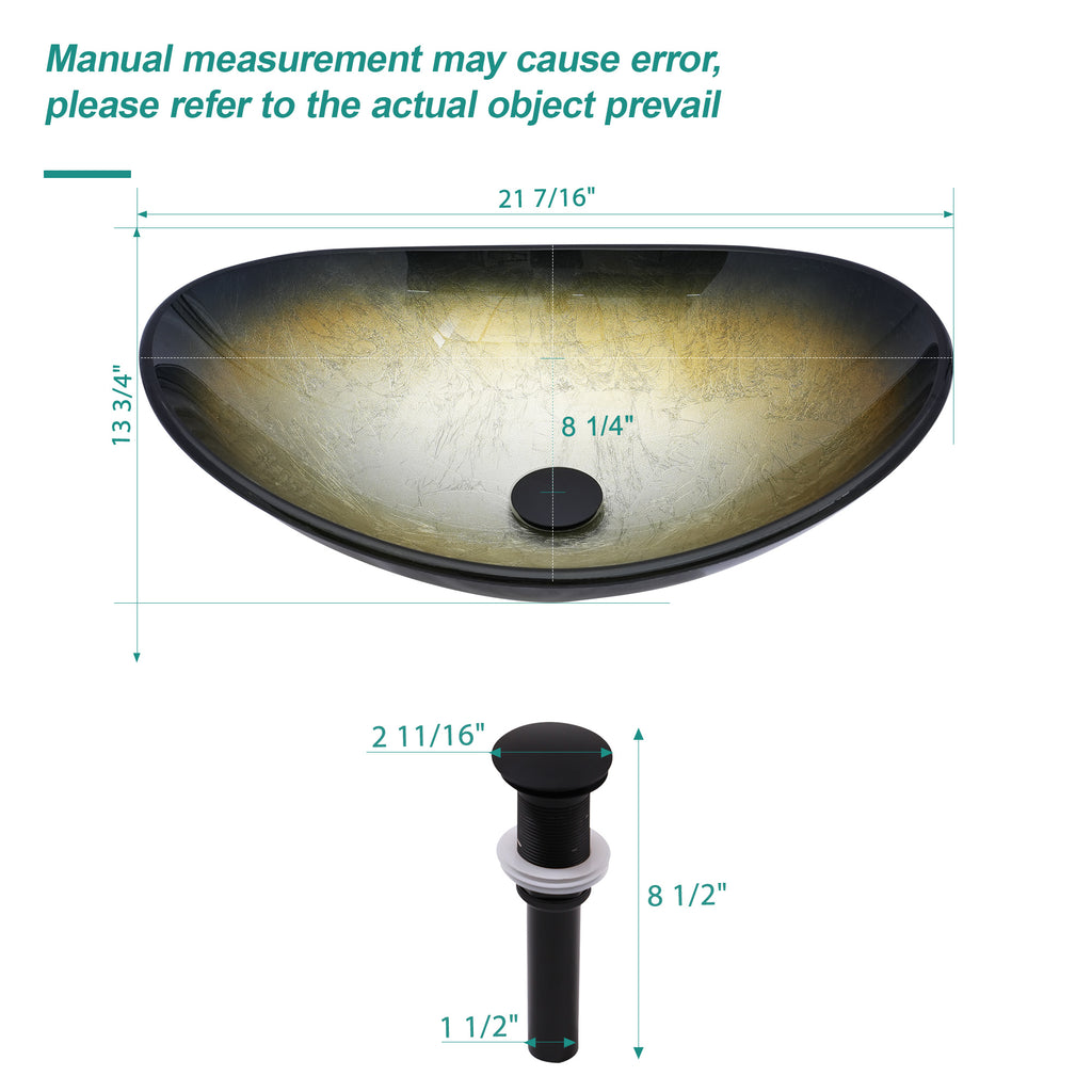 Bathroom Artistic Tempered Glass Gilded black Vessel Bathroom Sink with Black Pop-up Drain, Boat Shape Bathroom Sink Above Counter (no Faucet) Black,Gold SKU W1243P530590 product image 2