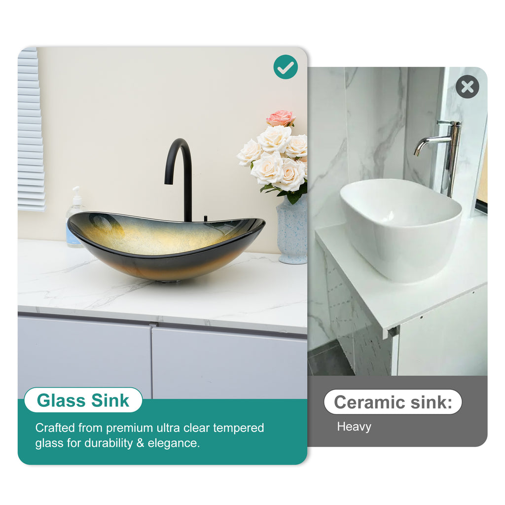 Bathroom Artistic Tempered Glass Gilded black Vessel Bathroom Sink with Black Pop-up Drain, Boat Shape Bathroom Sink Above Counter (no Faucet) Black,Gold SKU W1243P530590 product image 4