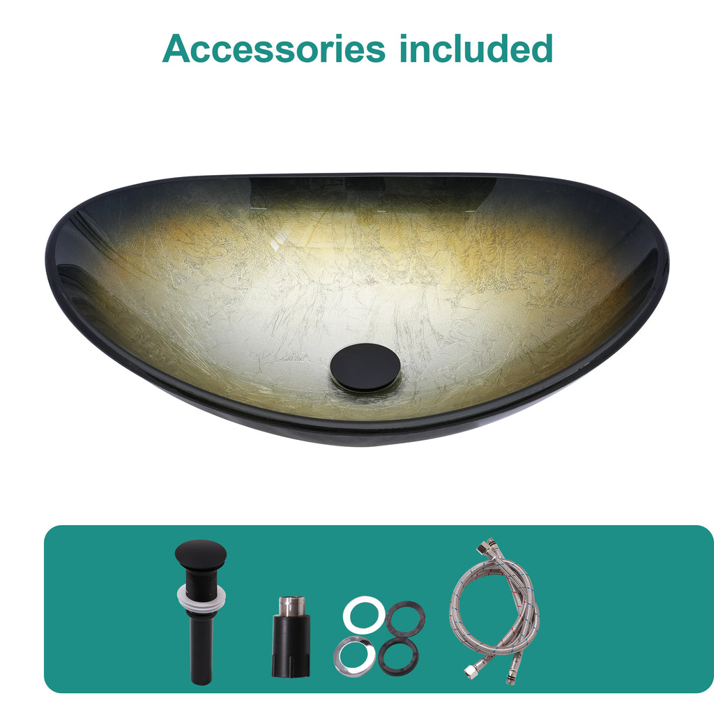 Bathroom Artistic Tempered Glass Gilded black Vessel Bathroom Sink with Black Pop-up Drain, Boat Shape Bathroom Sink Above Counter (no Faucet) Black,Gold SKU W1243P530590 product image 5