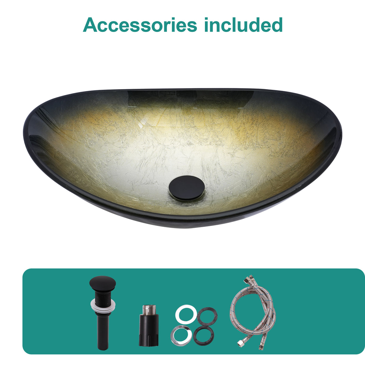 Bathroom Artistic Tempered Glass Gilded black Vessel Bathroom Sink with Black Pop-up Drain, Boat Shape Bathroom Sink Above Counter (no Faucet) Black,Gold SKU W1243P530590 product image 5