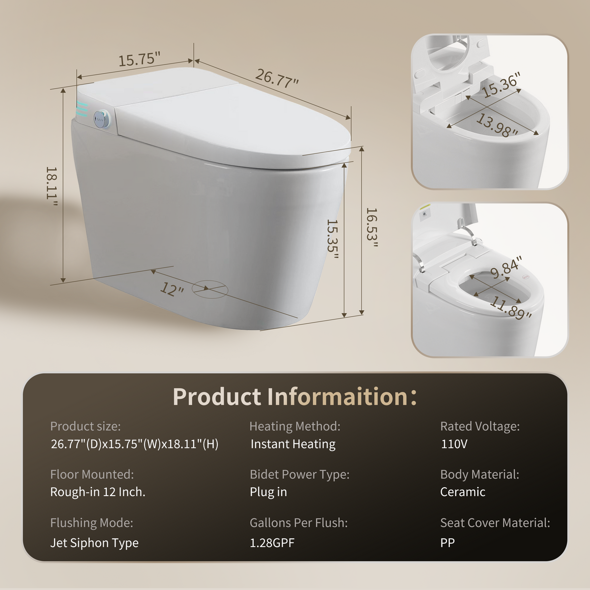 Tankless Smart Toilet With Bidet Built In, One-piece Bidet Toilet Seat, Auto Flush, Auto Open/Close,Heated Seat, Warm Water and Dry, Adjustable Temp,Remote Control Side Know White SKU W3598P339250 product image 2