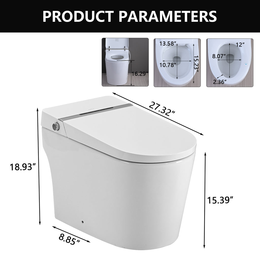 Smart Toilet Bidet Combo with Foot Sensor Open Cover/Seat, LED Display, Self-Cleaning Nozzle, Heated Seat, Night Light, Knob Control, Soft Close, Auto Flush, with Remote Control White SKU W1219P262970 product image 12