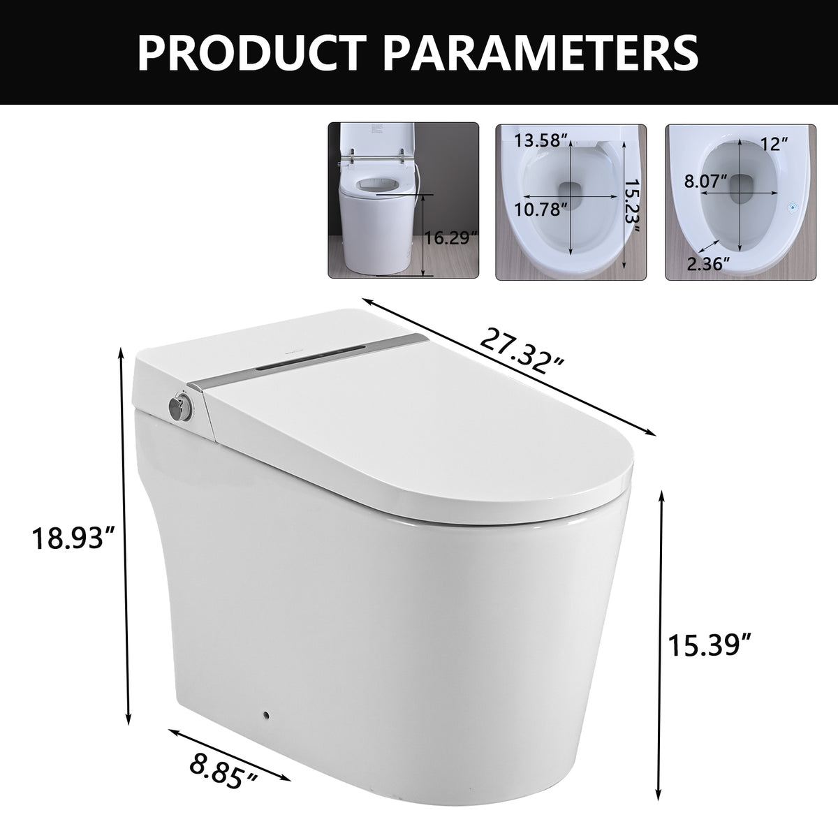 Smart Toilet Bidet Combo with Foot Sensor Open Cover/Seat, LED Display, Self-Cleaning Nozzle, Heated Seat, Night Light, Knob Control, Soft Close, Auto Flush, with Remote Control White SKU W1219P262970 product image 12