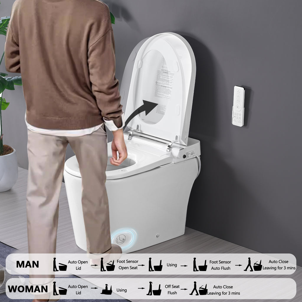 Smart Toilet Bidet Combo with Foot Sensor Open Cover/Seat, LED Display, Self-Cleaning Nozzle, Heated Seat, Night Light, Knob Control, Soft Close, Auto Flush, with Remote Control White SKU W1219P262970 product image 5