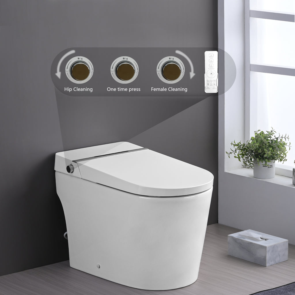Smart Toilet Bidet Combo with Foot Sensor Open Cover/Seat, LED Display, Self-Cleaning Nozzle, Heated Seat, Night Light, Knob Control, Soft Close, Auto Flush, with Remote Control White SKU W1219P262970 product image 7