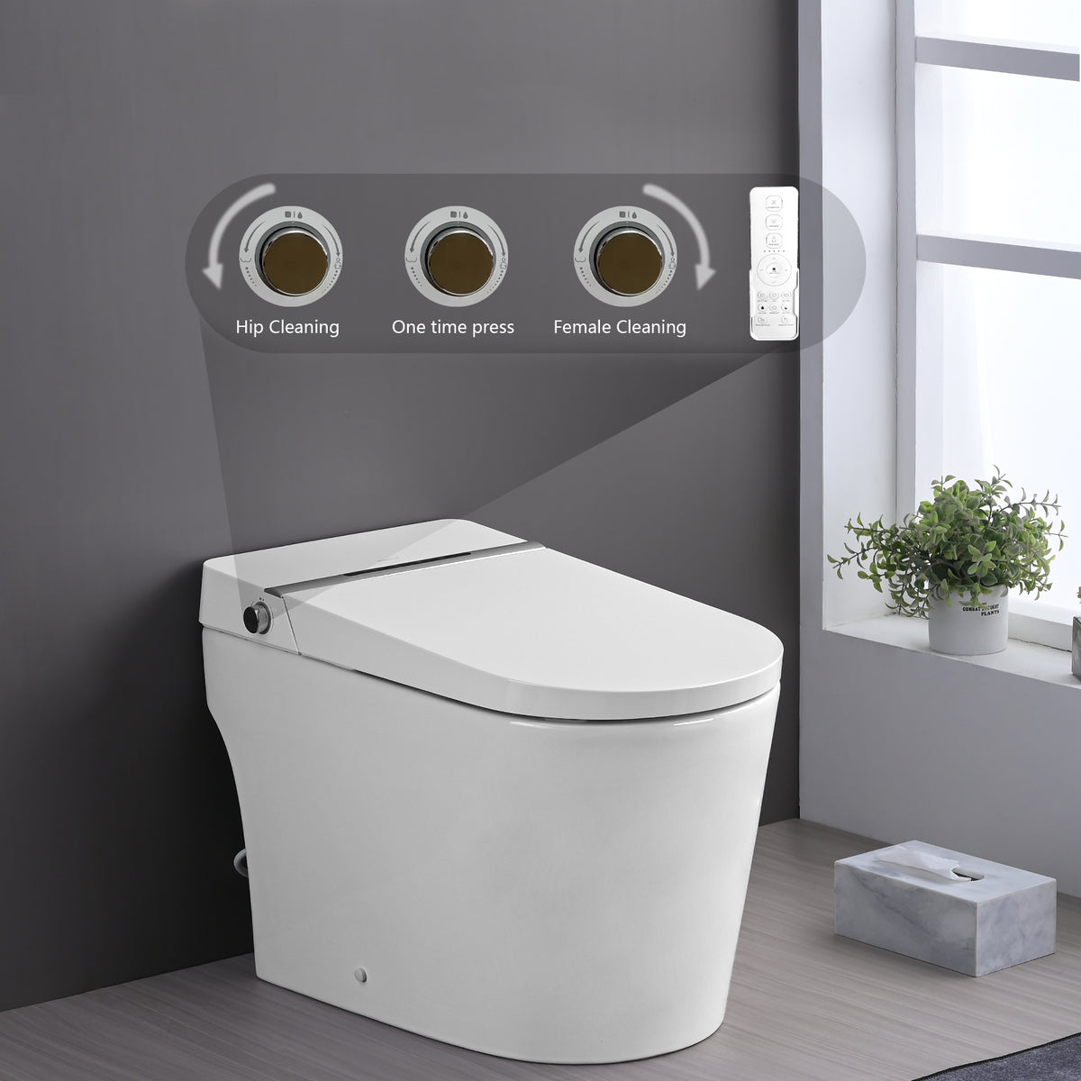 Smart Toilet Bidet Combo with Foot Sensor Open Cover/Seat, LED Display, Self-Cleaning Nozzle, Heated Seat, Night Light, Knob Control, Soft Close, Auto Flush, with Remote Control White SKU W1219P262970 product image 7