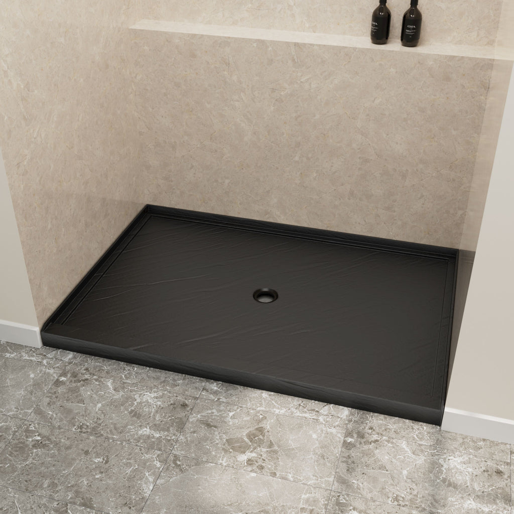 48" x 32" in Shower Base,resin and fiberglass,Center Drain Single-Threshold Shower Pan,Black Vein Black Marble-Look Sintered Stone SKU T6587P581079 product image 2
