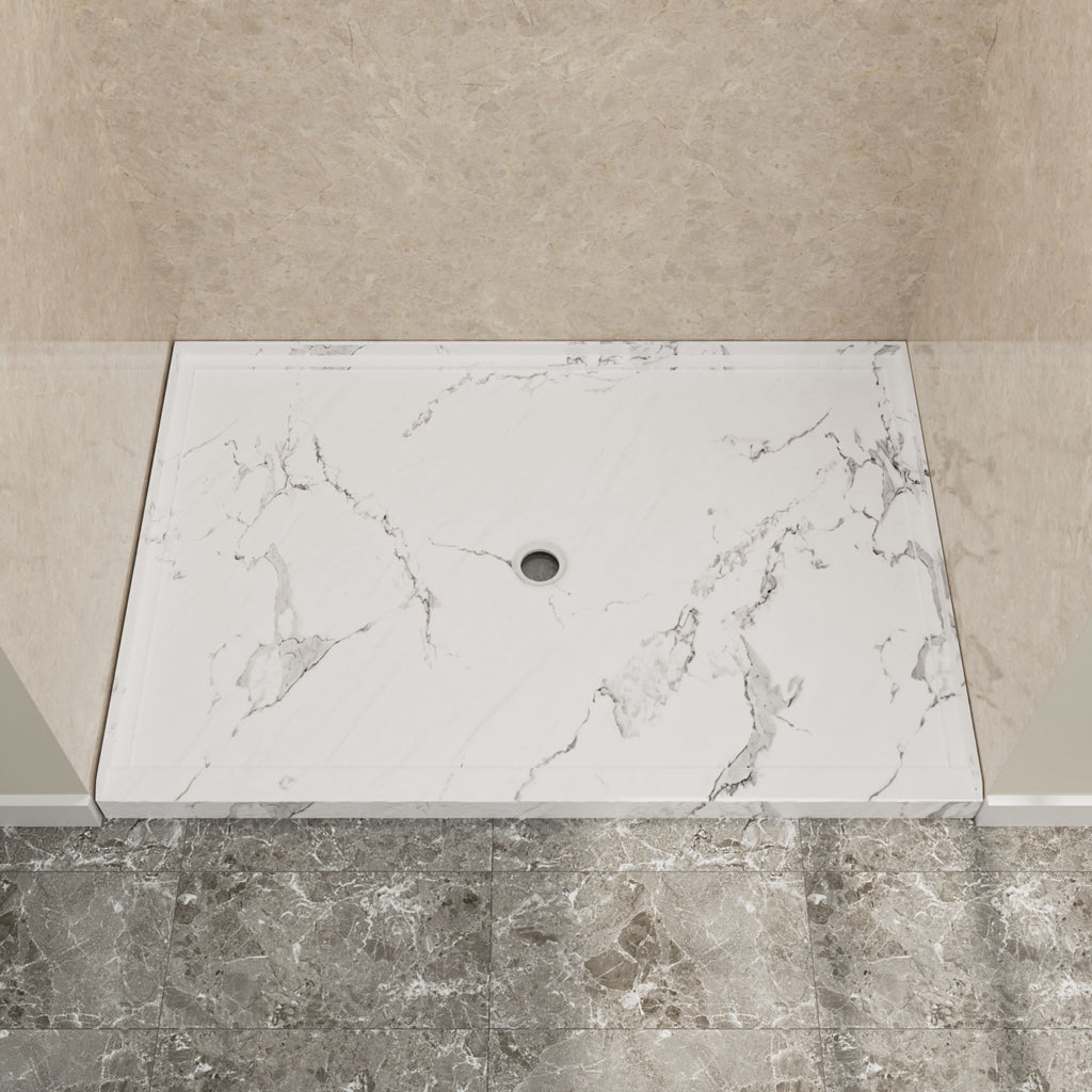 48" x 32" in Shower Base,resin and fiberglass,Center Drain Single-Threshold Shower Pan,Jazz White Vein White+ Charcoal SKU T6587P581121 product image 1